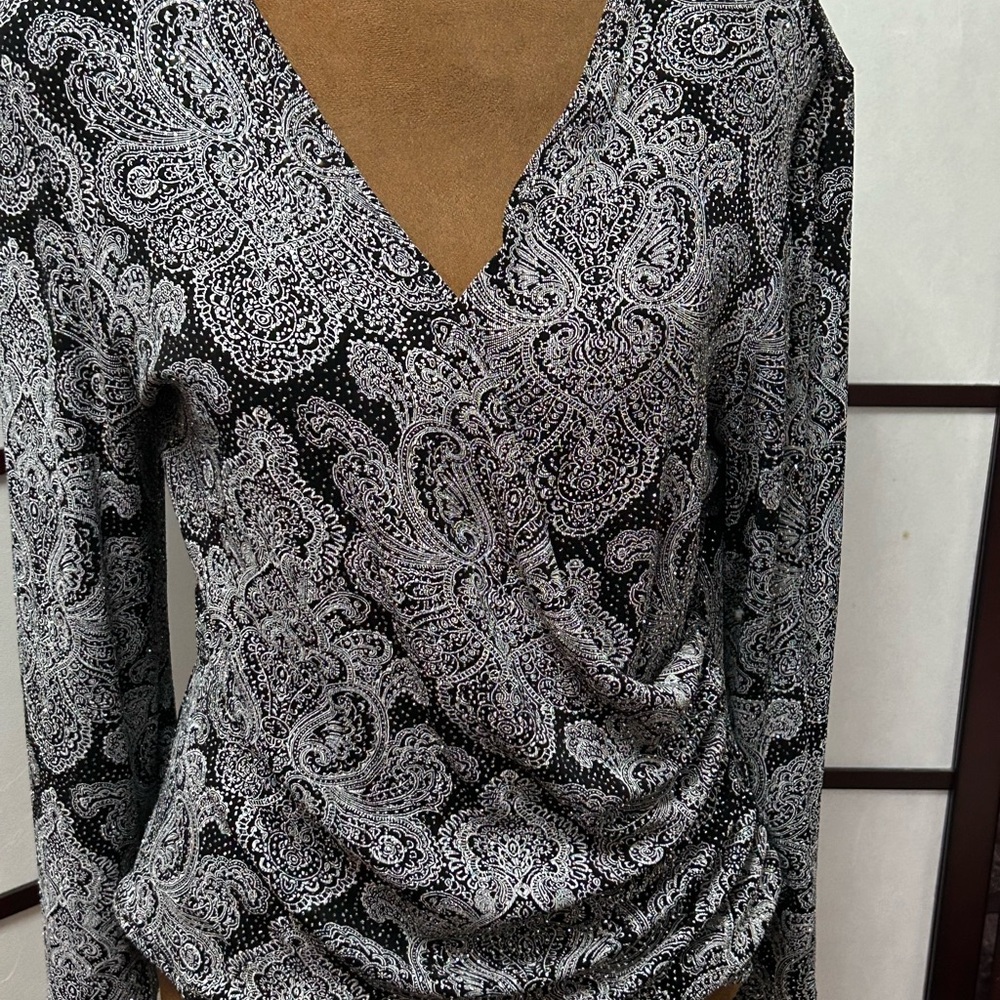 MSK Gray and White Wrap Blouse with Elegant Draping